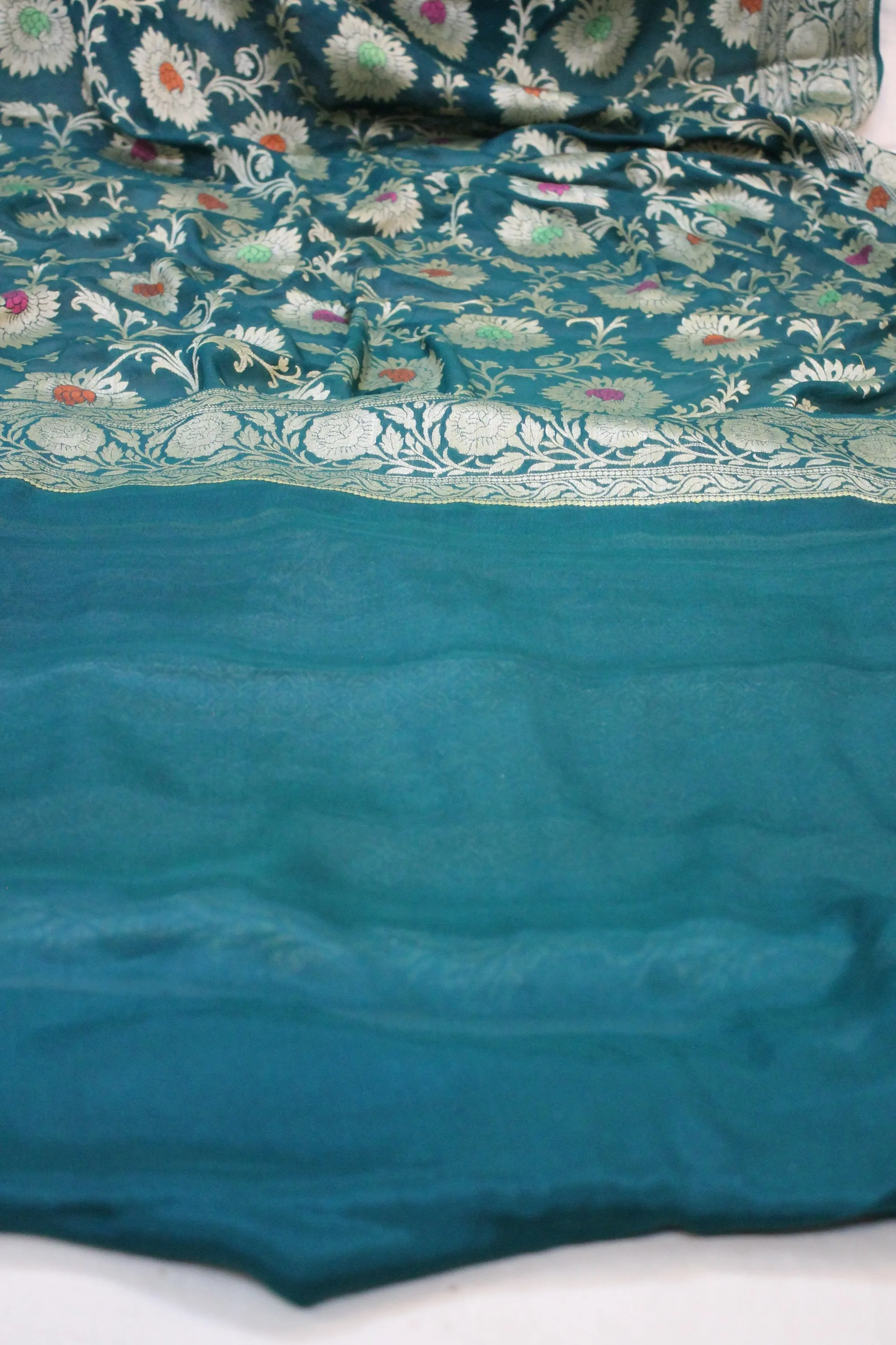 Greenish Blue Charm: Pure Khaddi Georgette Banarasi Sari
