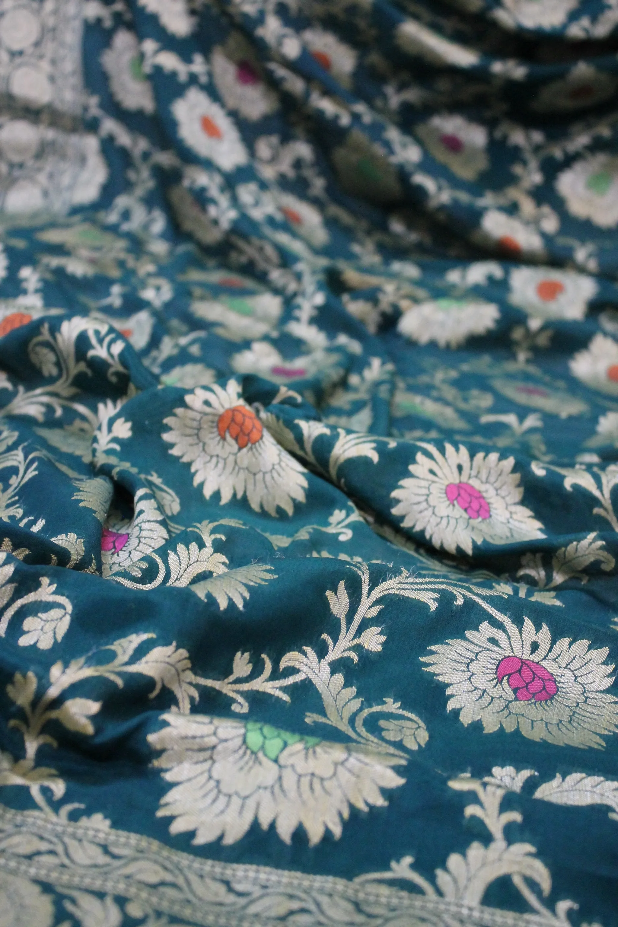 Greenish Blue Charm: Pure Khaddi Georgette Banarasi Sari