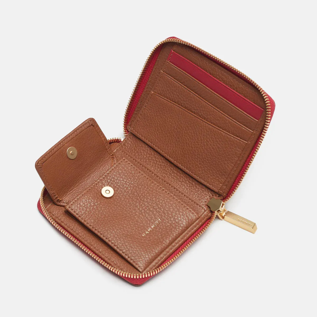 Hammitt 5 North Wallet in Mahogany Pebble/Brushed Gold Red Zip