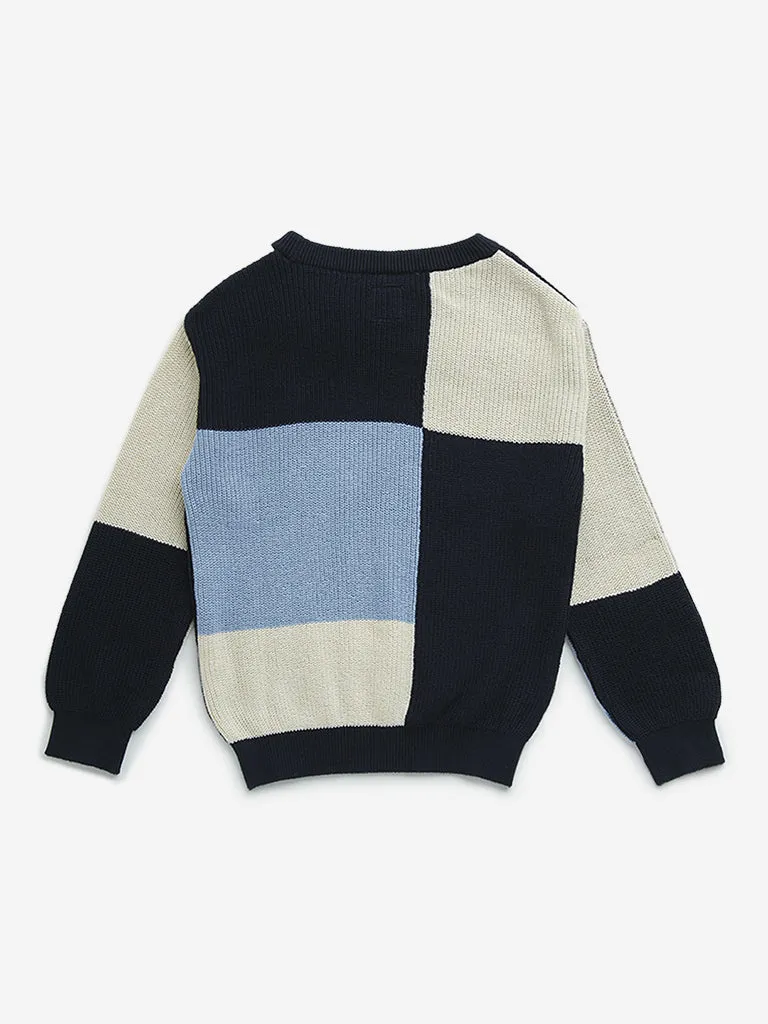 HOP Kids Black & Blue Colour Block Applique Cotton Sweater