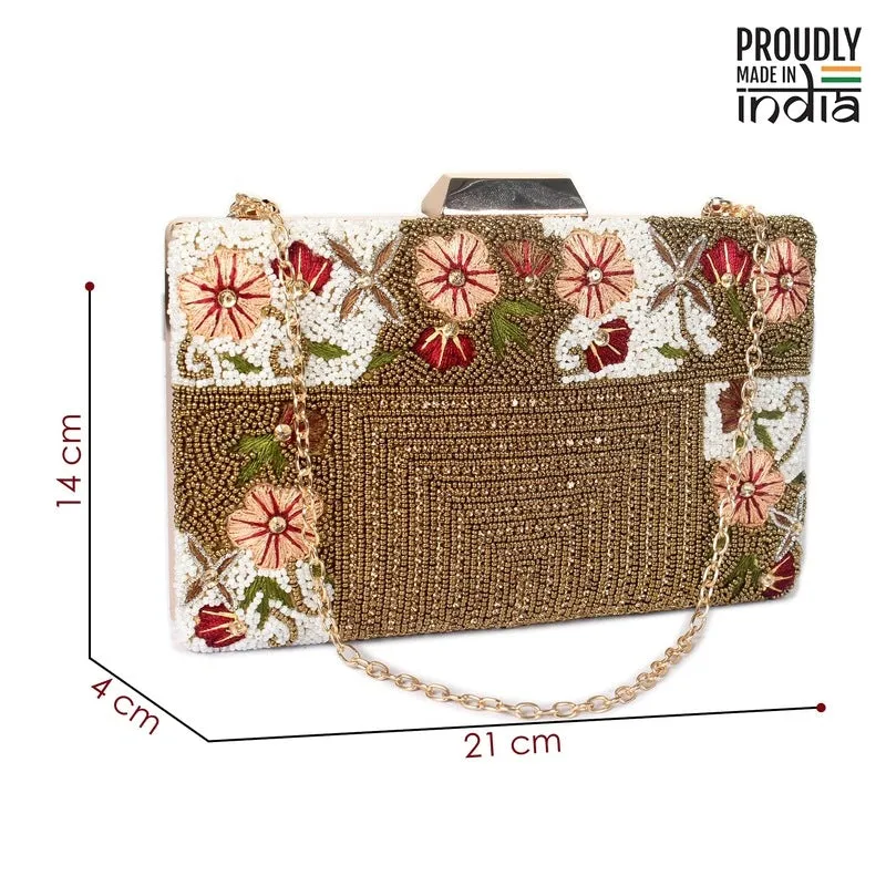 Ladies Wallet - Floral Embroidered Clutch with Detachable Chain | Evening Bag | Brown
