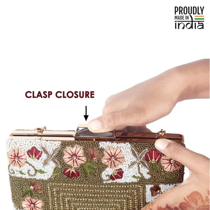 Ladies Wallet - Floral Embroidered Clutch with Detachable Chain | Evening Bag | Brown