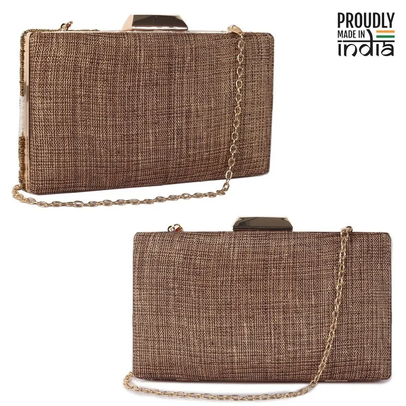 Ladies Wallet - Floral Embroidered Clutch with Detachable Chain | Evening Bag | Brown