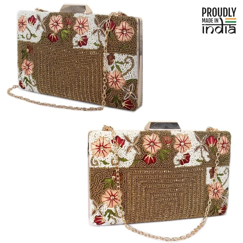 Ladies Wallet - Floral Embroidered Clutch with Detachable Chain | Evening Bag | Brown