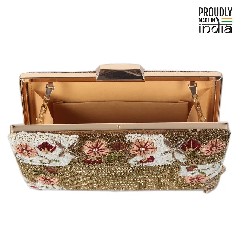 Ladies Wallet - Floral Embroidered Clutch with Detachable Chain | Evening Bag | Brown