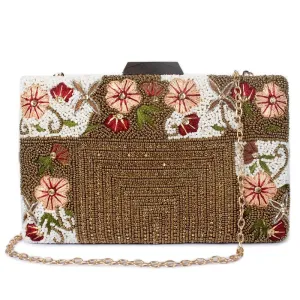 Ladies Wallet - Floral Embroidered Clutch with Detachable Chain | Evening Bag | Brown