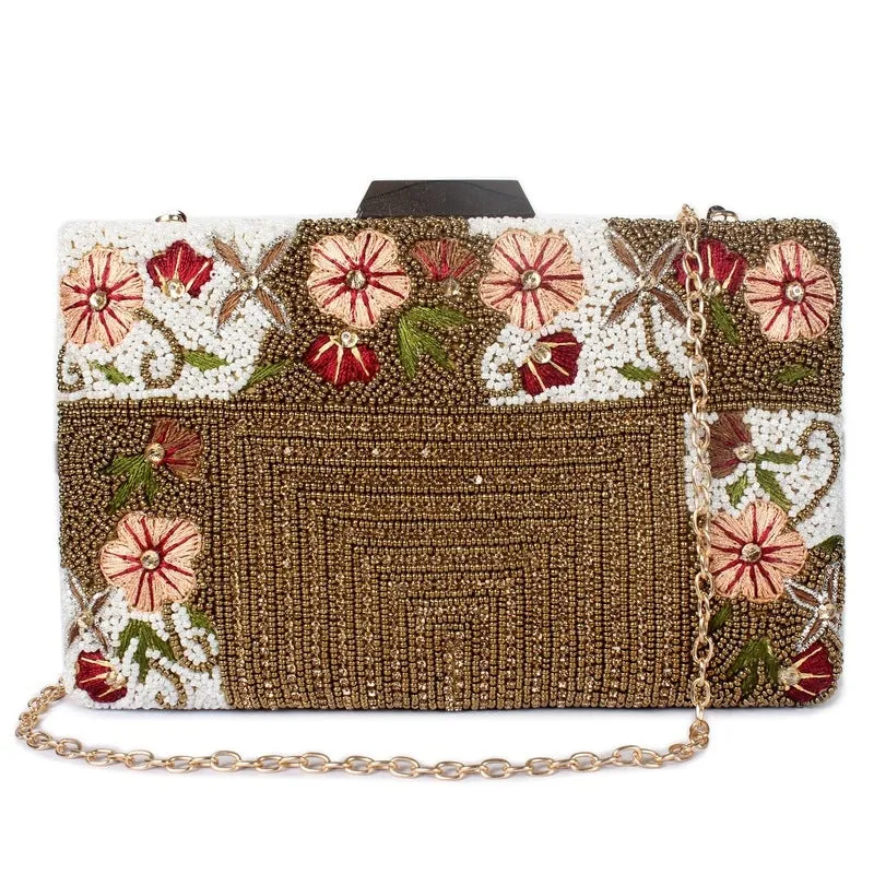 Ladies Wallet - Floral Embroidered Clutch with Detachable Chain | Evening Bag | Brown