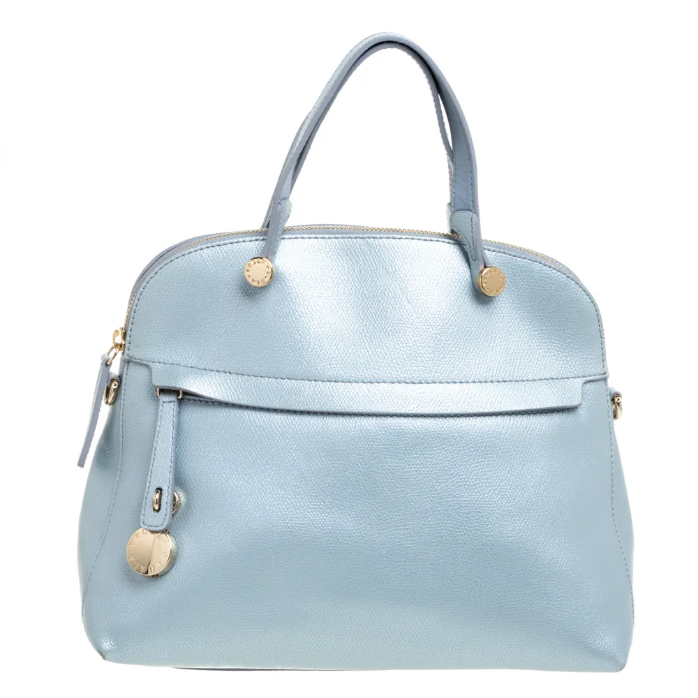 Light Blue Leather Piper Dome Satchel