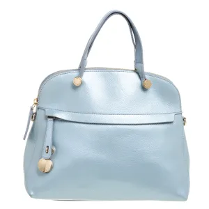 Light Blue Leather Piper Dome Satchel