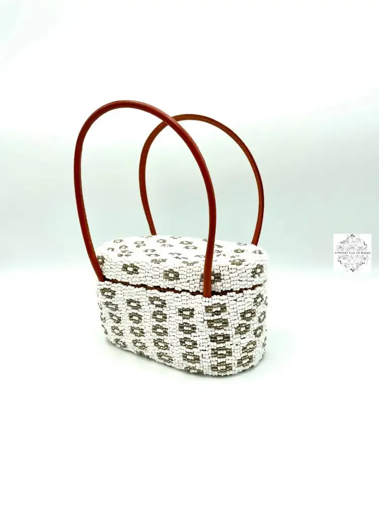 Mini Bali Beaded Handbag | Handmade Patterned Glass Beading on Ata Straw Purse, Leather Straps