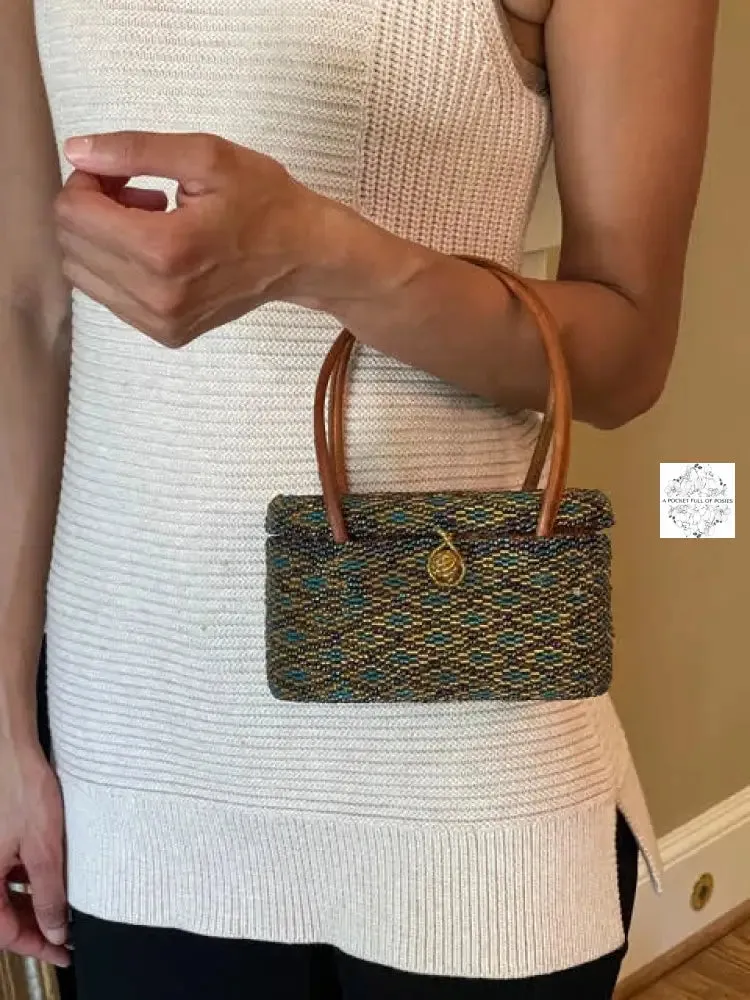 Mini Bali Beaded Handbag | Handmade Patterned Glass Beading on Ata Straw Purse, Leather Straps