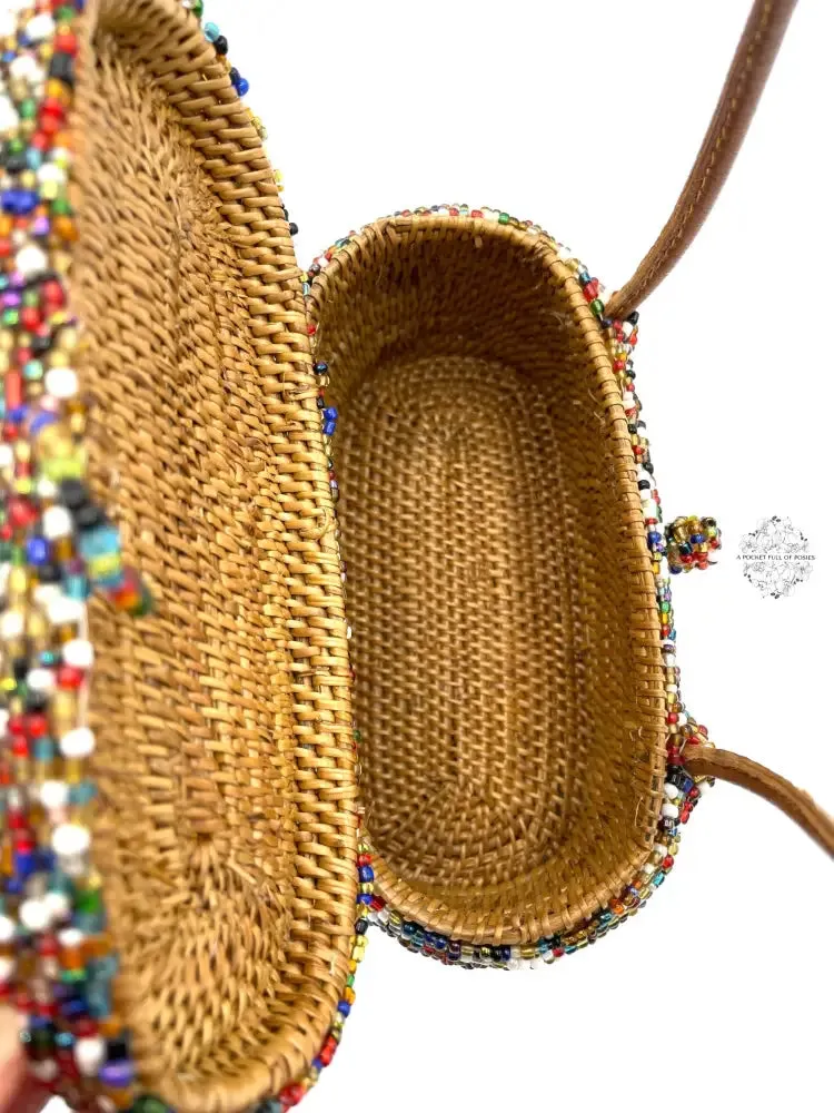 Mini Bali Beaded Handbag | Handmade Patterned Glass Beading on Ata Straw Purse, Leather Straps