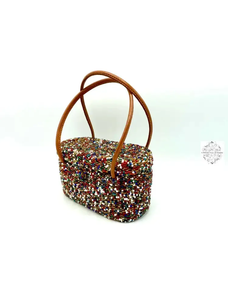 Mini Bali Beaded Handbag | Handmade Patterned Glass Beading on Ata Straw Purse, Leather Straps