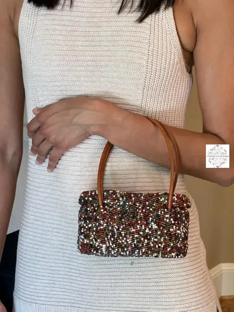 Mini Bali Beaded Handbag | Handmade Patterned Glass Beading on Ata Straw Purse, Leather Straps
