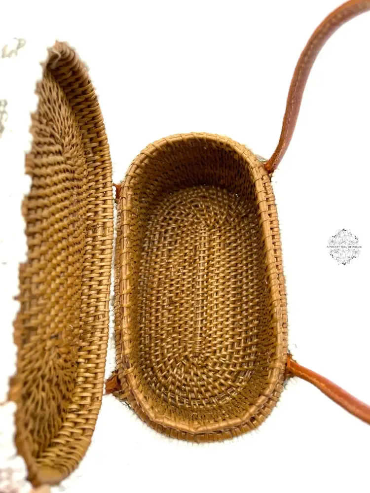 Mini Bali Beaded Handbag | Handmade Patterned Glass Beading on Ata Straw Purse, Leather Straps