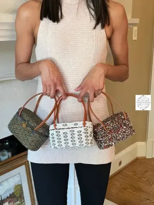 Mini Bali Beaded Handbag | Handmade Patterned Glass Beading on Ata Straw Purse, Leather Straps