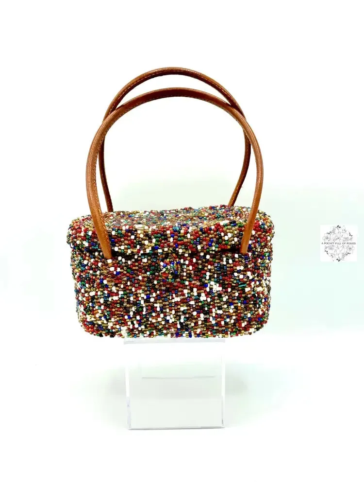 Mini Bali Beaded Handbag | Handmade Patterned Glass Beading on Ata Straw Purse, Leather Straps