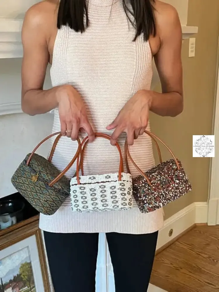 Mini Bali Beaded Handbag | Handmade Patterned Glass Beading on Ata Straw Purse, Leather Straps