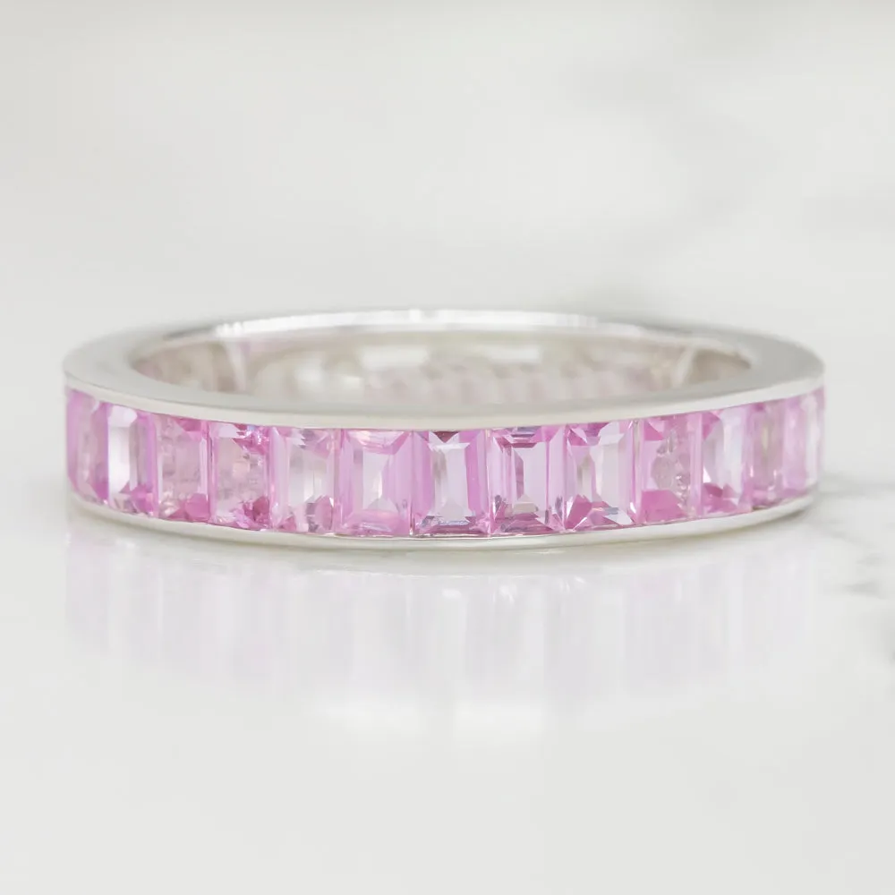 NATURAL PINK SAPPHIRE STACKING RING 14k WHITE GOLD WEDDING BAND BAGUETTE CUT