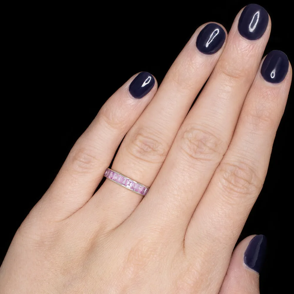 NATURAL PINK SAPPHIRE STACKING RING 14k WHITE GOLD WEDDING BAND BAGUETTE CUT