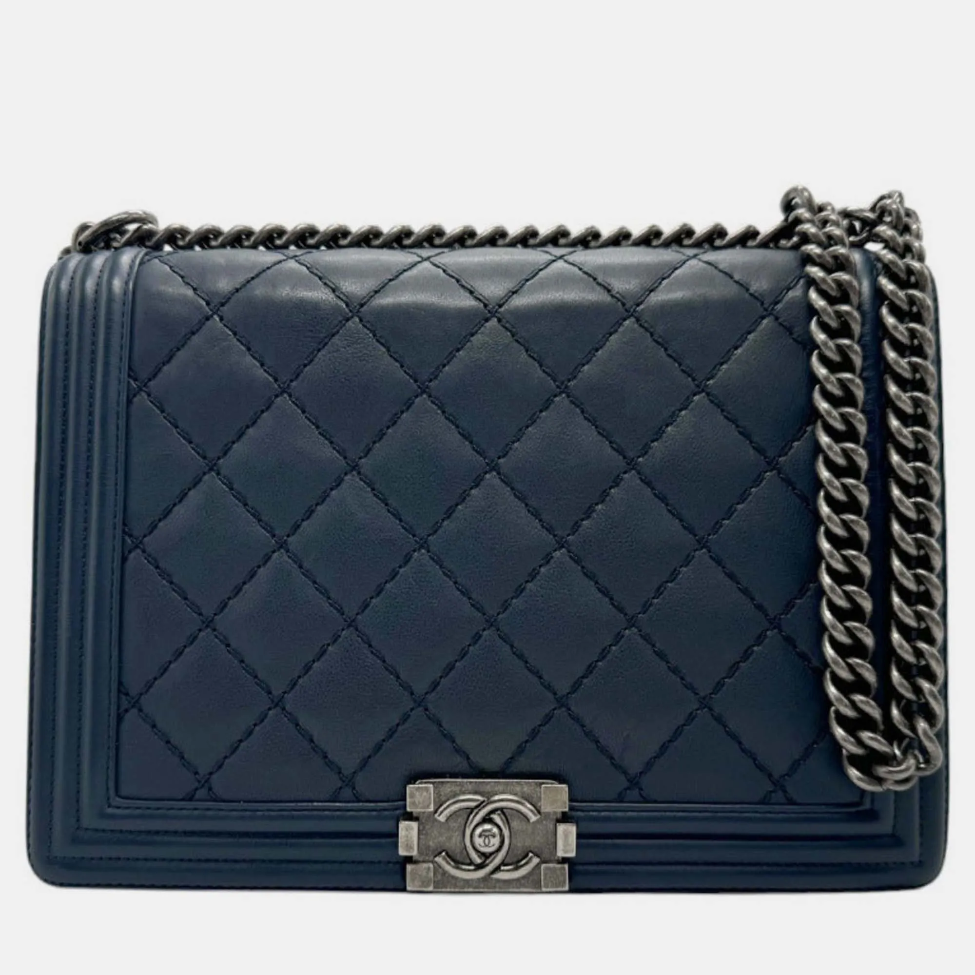 Navy Gunmetal Leather Boy Bag