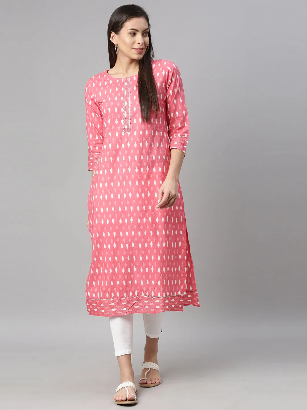 Neerus Women Pink Geometric Printed Cotton Kurta
