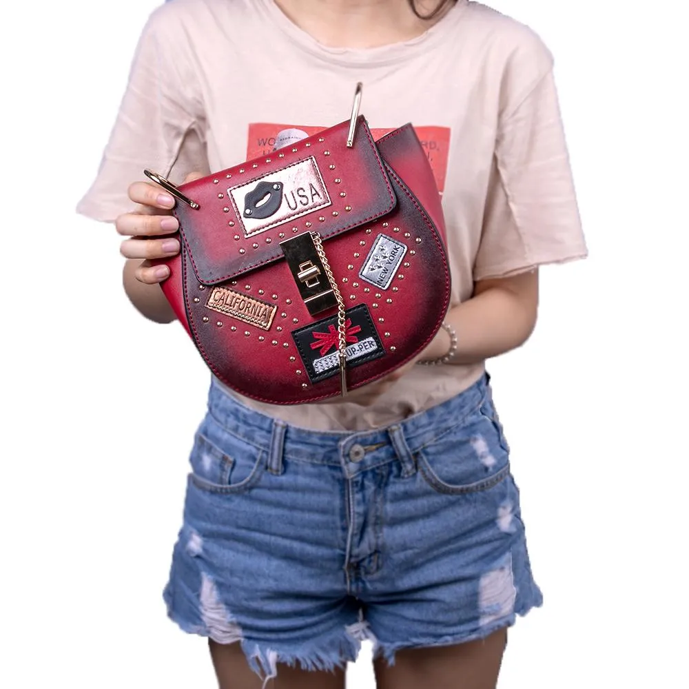OH Fashion Crossbody Bag Saddle Handbag USA Nights, Red Wine