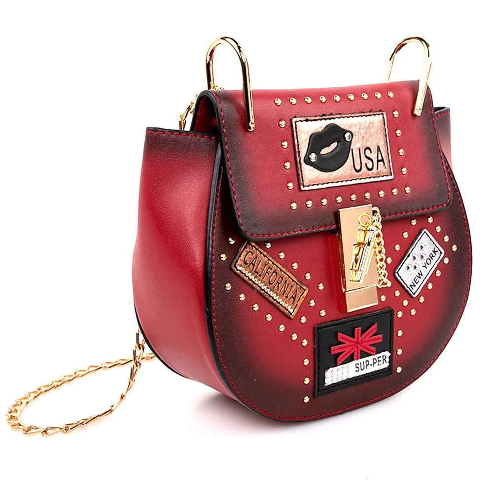 OH Fashion Crossbody Bag Saddle Handbag USA Nights, Red Wine