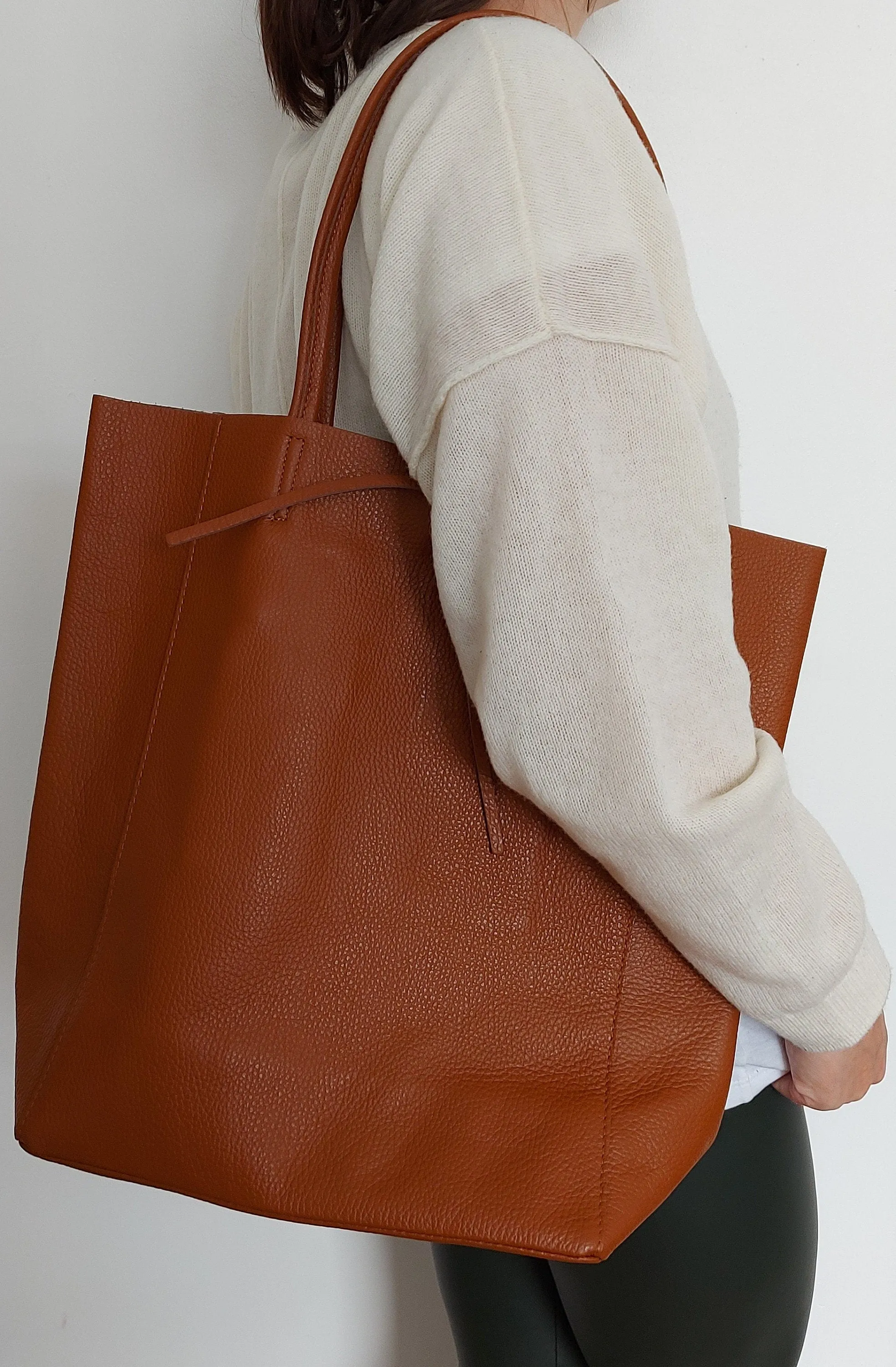 Olive Green Genuine Leather Shopper Bag Large Leather Tote Bag