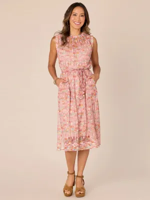 Sleeveless Round Neck Self Tie Waist Woven Dress with Pockets