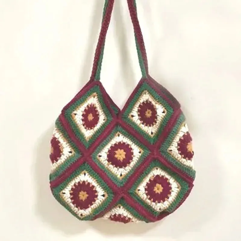Sohiwoo Handwoven grandmother plaid patchwork shoulder bag Blue and white pottery pattern simple elegant atmosphere lady handbag