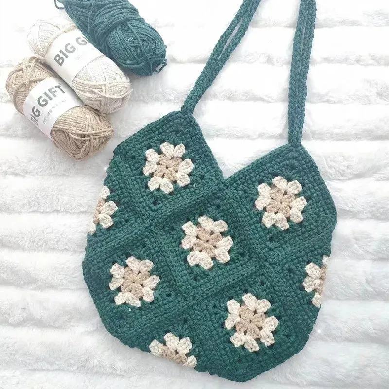 Sohiwoo Handwoven grandmother plaid patchwork shoulder bag Blue and white pottery pattern simple elegant atmosphere lady handbag