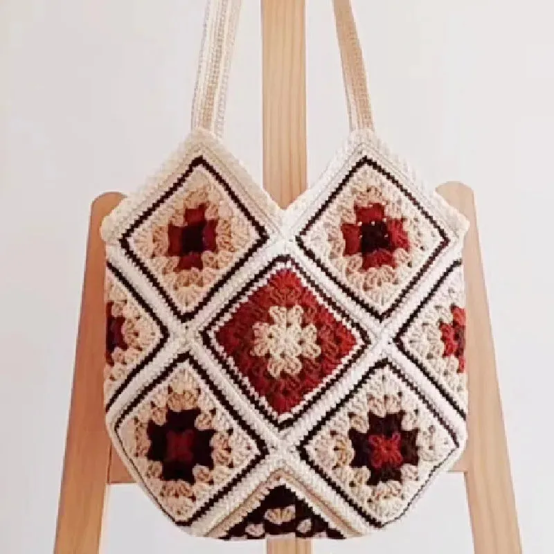 Sohiwoo Handwoven grandmother plaid patchwork shoulder bag Blue and white pottery pattern simple elegant atmosphere lady handbag