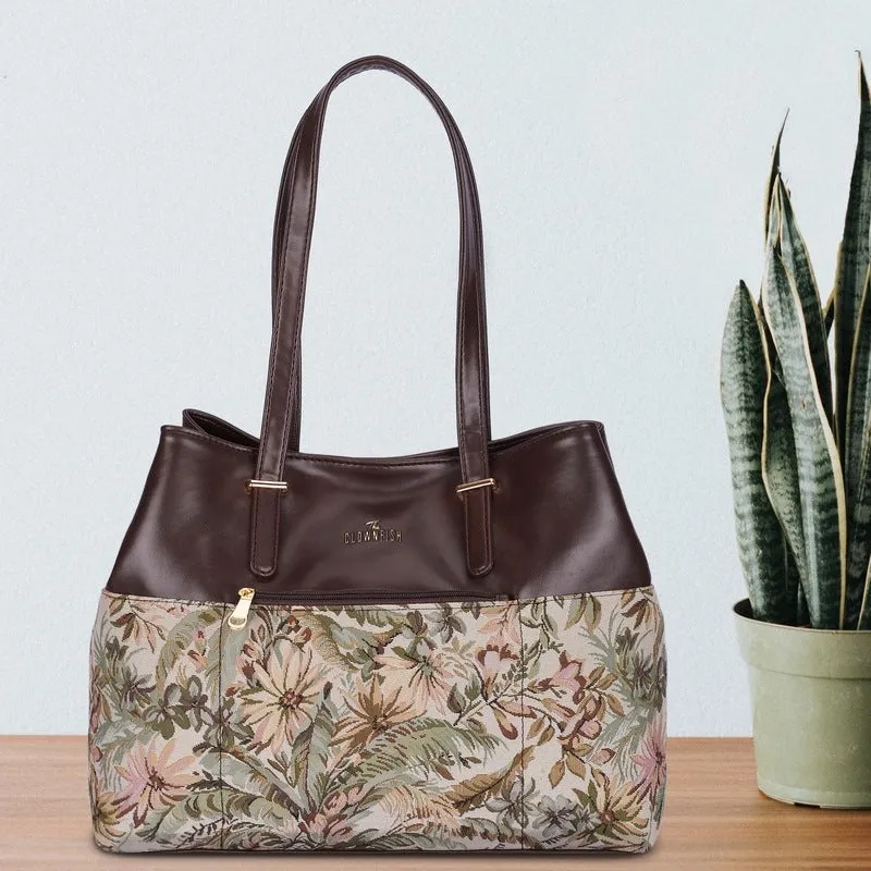 THE CLOWNFISH Aveline Collection Faux Leather & Tapestry Handbag for Women Office Bag Ladies Purse Shoulder Bag Tote For Women College Girls (Flax)