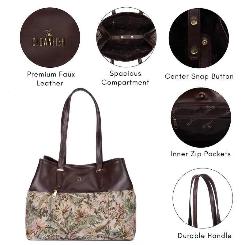 THE CLOWNFISH Aveline Collection Faux Leather & Tapestry Handbag for Women Office Bag Ladies Purse Shoulder Bag Tote For Women College Girls (Flax)