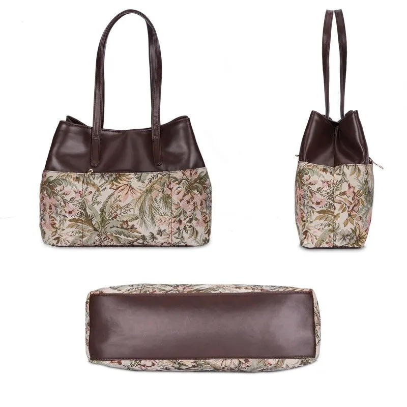 THE CLOWNFISH Aveline Collection Faux Leather & Tapestry Handbag for Women Office Bag Ladies Purse Shoulder Bag Tote For Women College Girls (Flax)