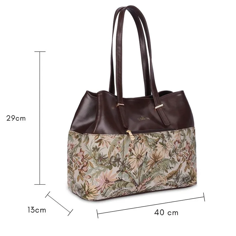 THE CLOWNFISH Aveline Collection Faux Leather & Tapestry Handbag for Women Office Bag Ladies Purse Shoulder Bag Tote For Women College Girls (Flax)