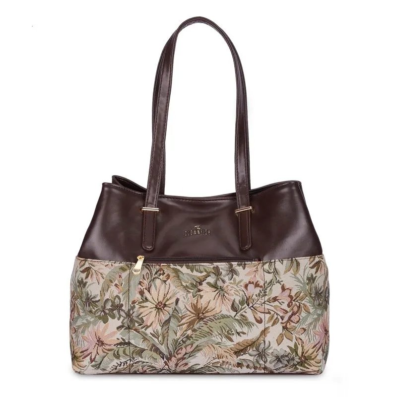 THE CLOWNFISH Aveline Collection Faux Leather & Tapestry Handbag for Women Office Bag Ladies Purse Shoulder Bag Tote For Women College Girls (Flax)