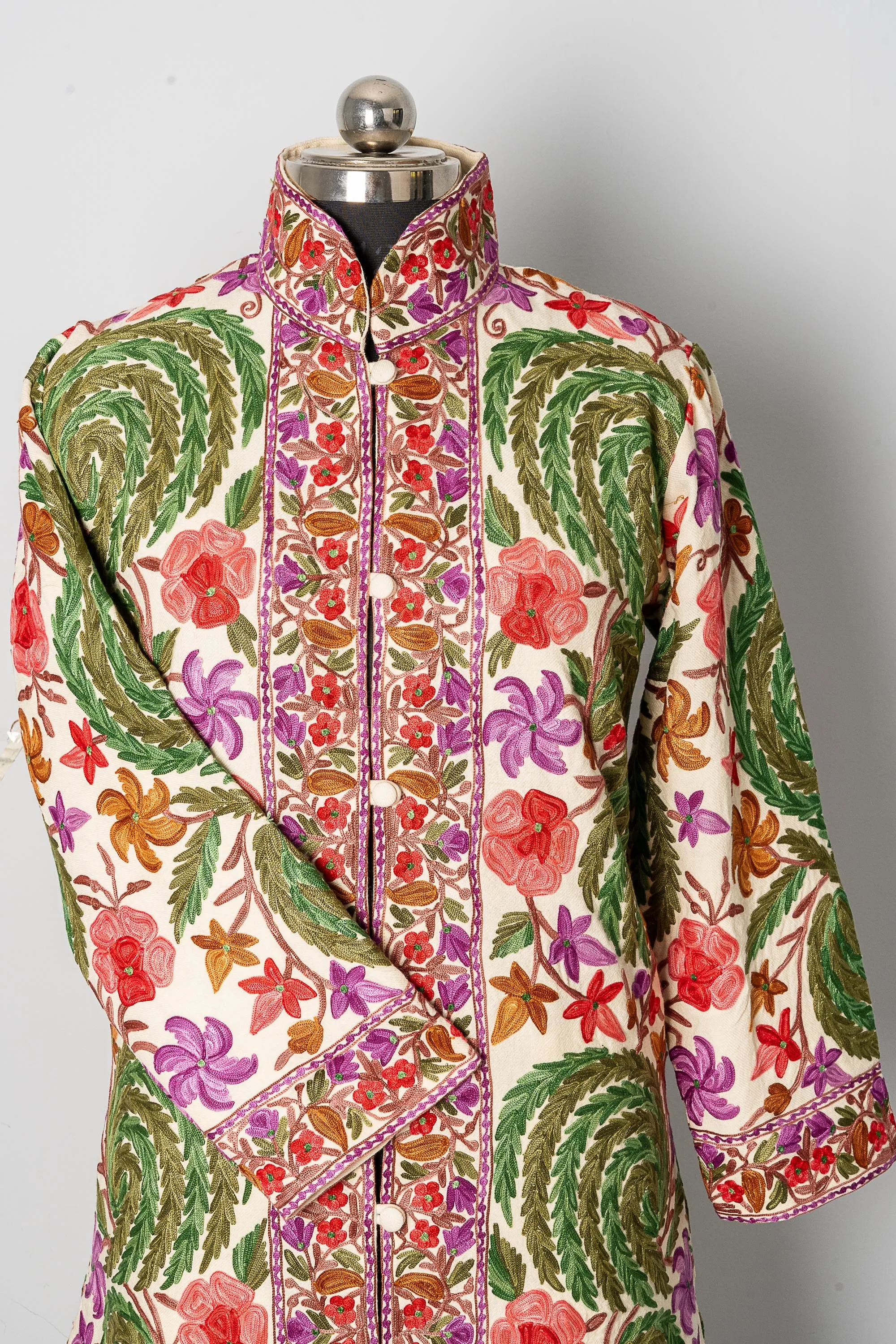 White Aari-Embroidered Floral Jacket with Vivid Hues
