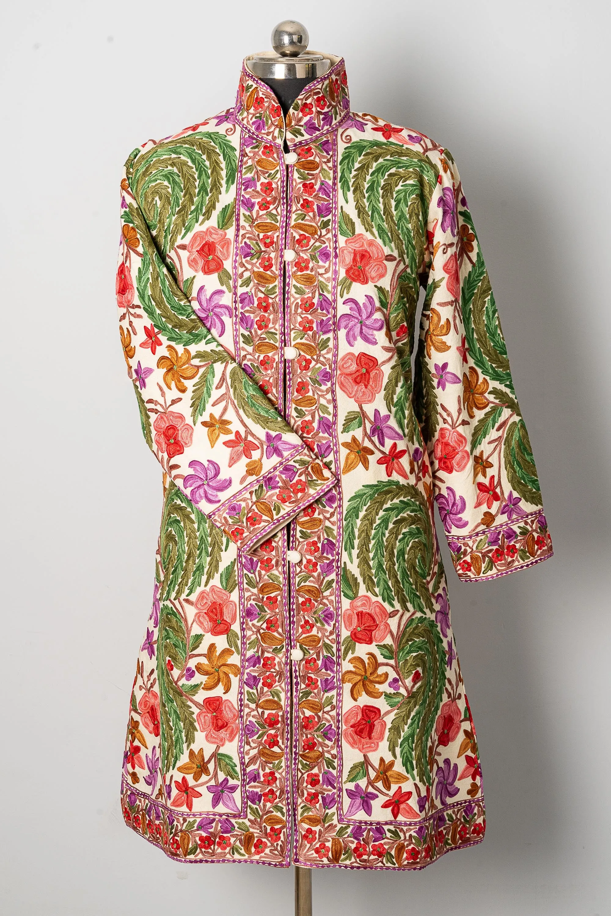 White Aari-Embroidered Floral Jacket with Vivid Hues