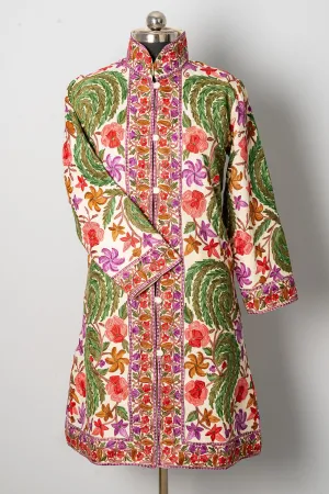 White Aari-Embroidered Floral Jacket with Vivid Hues