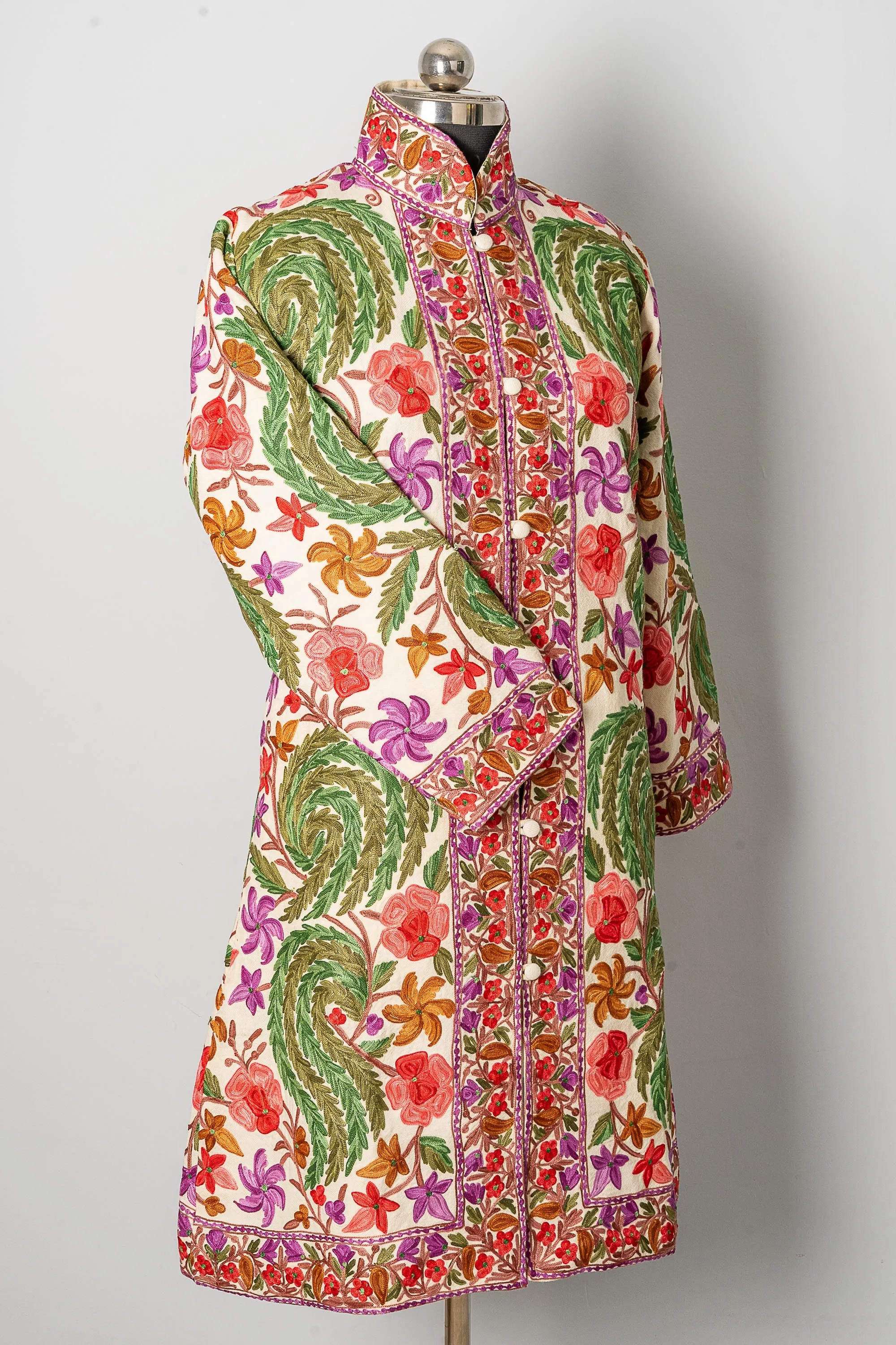 White Aari-Embroidered Floral Jacket with Vivid Hues