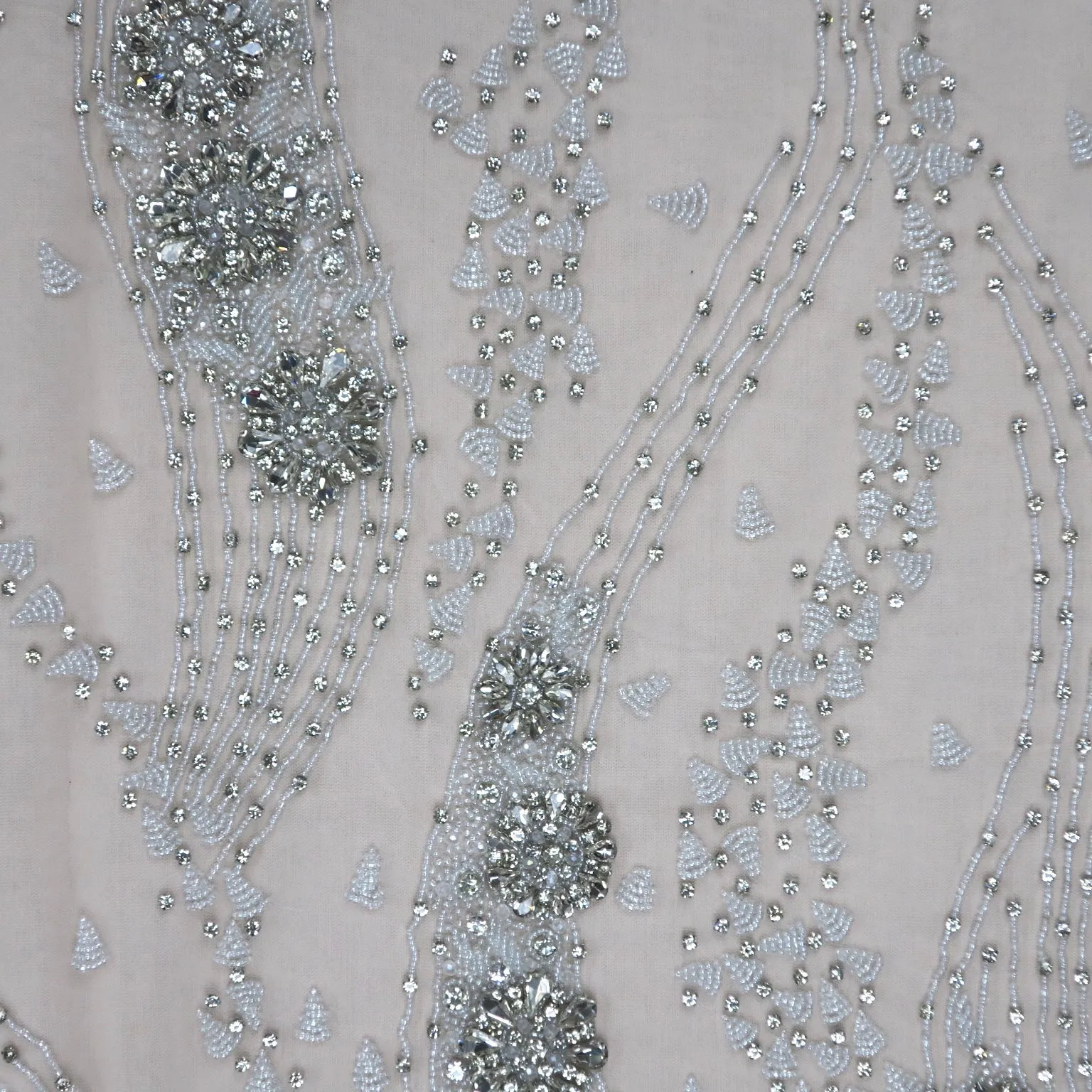 White Beaded with Rhinestones Abstract Embroidered Tulle Fabric