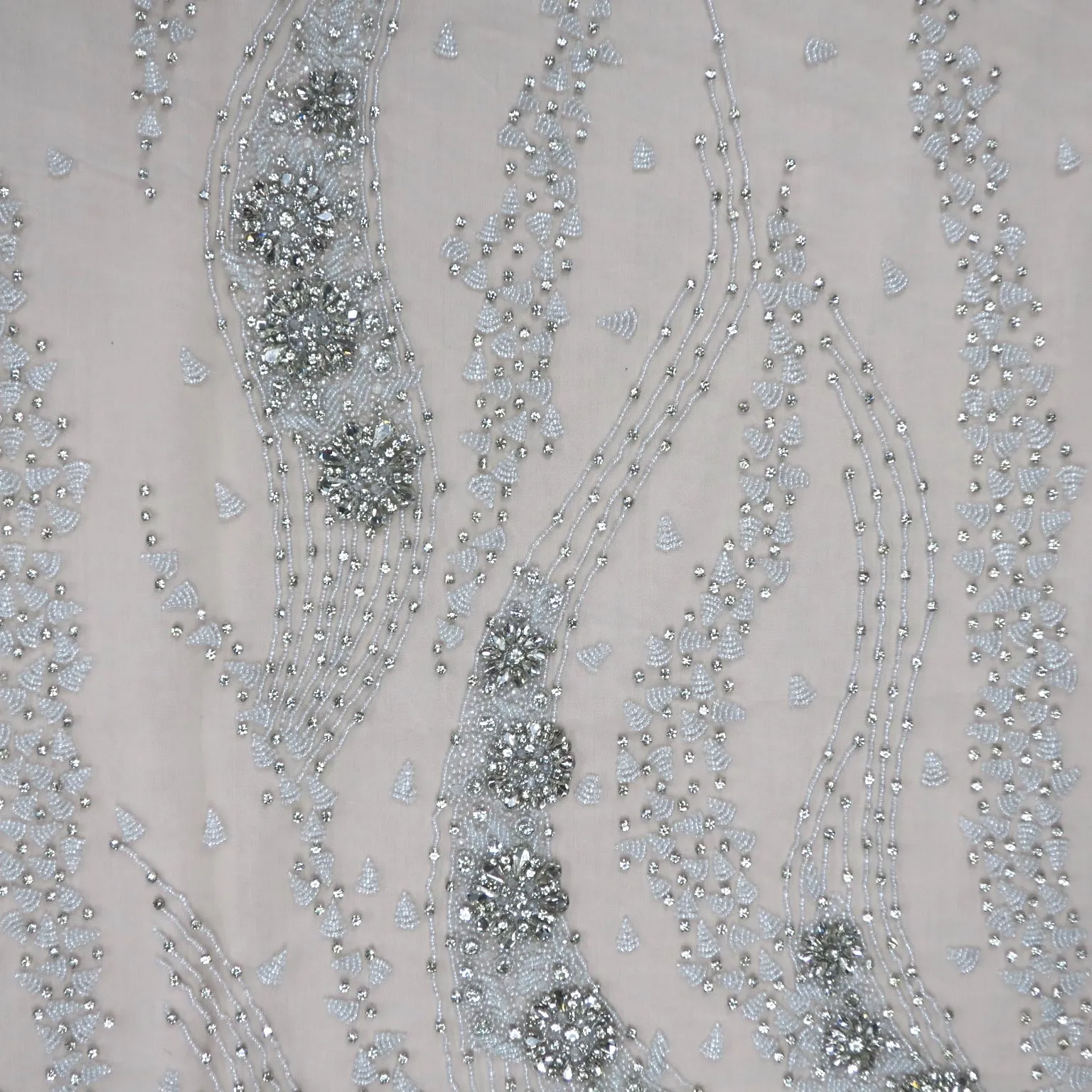 White Beaded with Rhinestones Abstract Embroidered Tulle Fabric