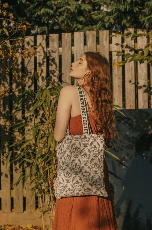Xander Kostroma Cream Skull Print Cotton Shopper Tote Bag | Eco-Friendly Large Canvas Bag | Stylish Skull Design for Everyday Use | Durable & Spacious Handbag for Women | Perfect for Shopping & Travel