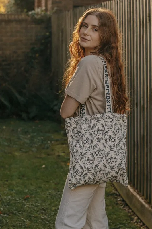Xander Kostroma Cream Skull Print Cotton Shopper Tote Bag | Eco-Friendly Large Canvas Bag | Stylish Skull Design for Everyday Use | Durable & Spacious Handbag for Women | Perfect for Shopping & Travel