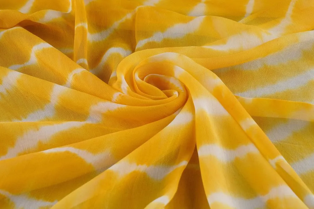 Yellow White Leheriya Tie and Dye Pure Viscose Georgette Fabric